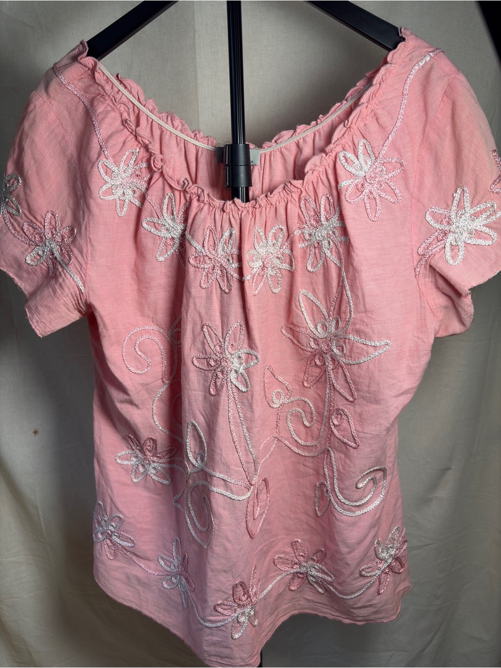 Women’s Plus 1X Embroidered Blouse Pink Chain Stitch PeasantTop Cottage Core EUC
